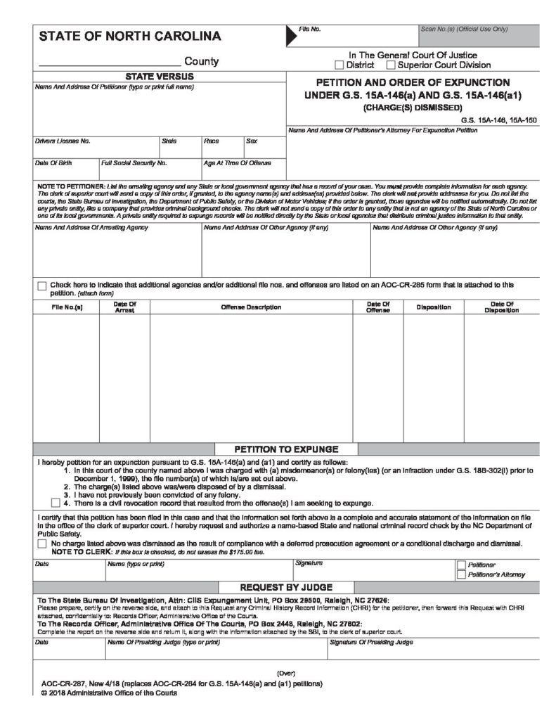 Petition to Expunge Dismissed Charge(s)- updated April 2018